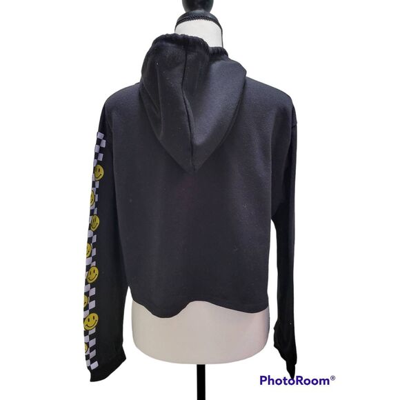 Posh Posh Sz L Juniors Cropped Hooded Sweatshirt Be Happy Smiley Faces Checkered - Picture 4 of 5